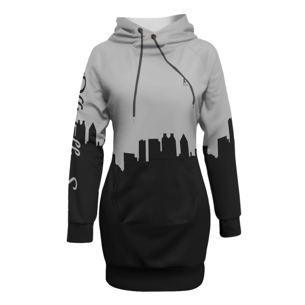 Officially Sexy Light Grey Skyline Collection Women's Pullover Hoodie Dress With Raglan Sleeves