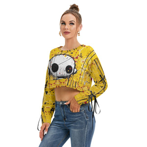 Officially Sexy Creepy Boy Collection Women's Long Sleeve Cropped Saffron Sweatshirt With Lace-up Sleeves Left Side View
