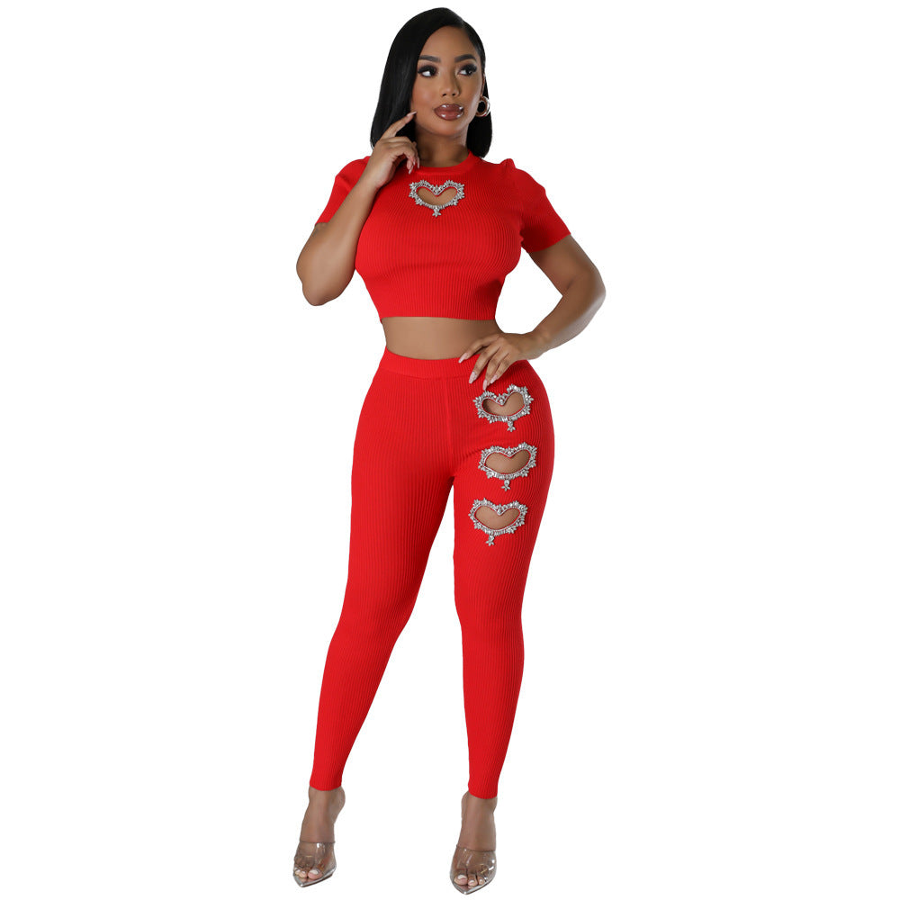 Women's Sexy Rhinestone Heart Design Knit Ribbed Short-Sleeved Crop Top Shirt And Pant 2 Piece Set