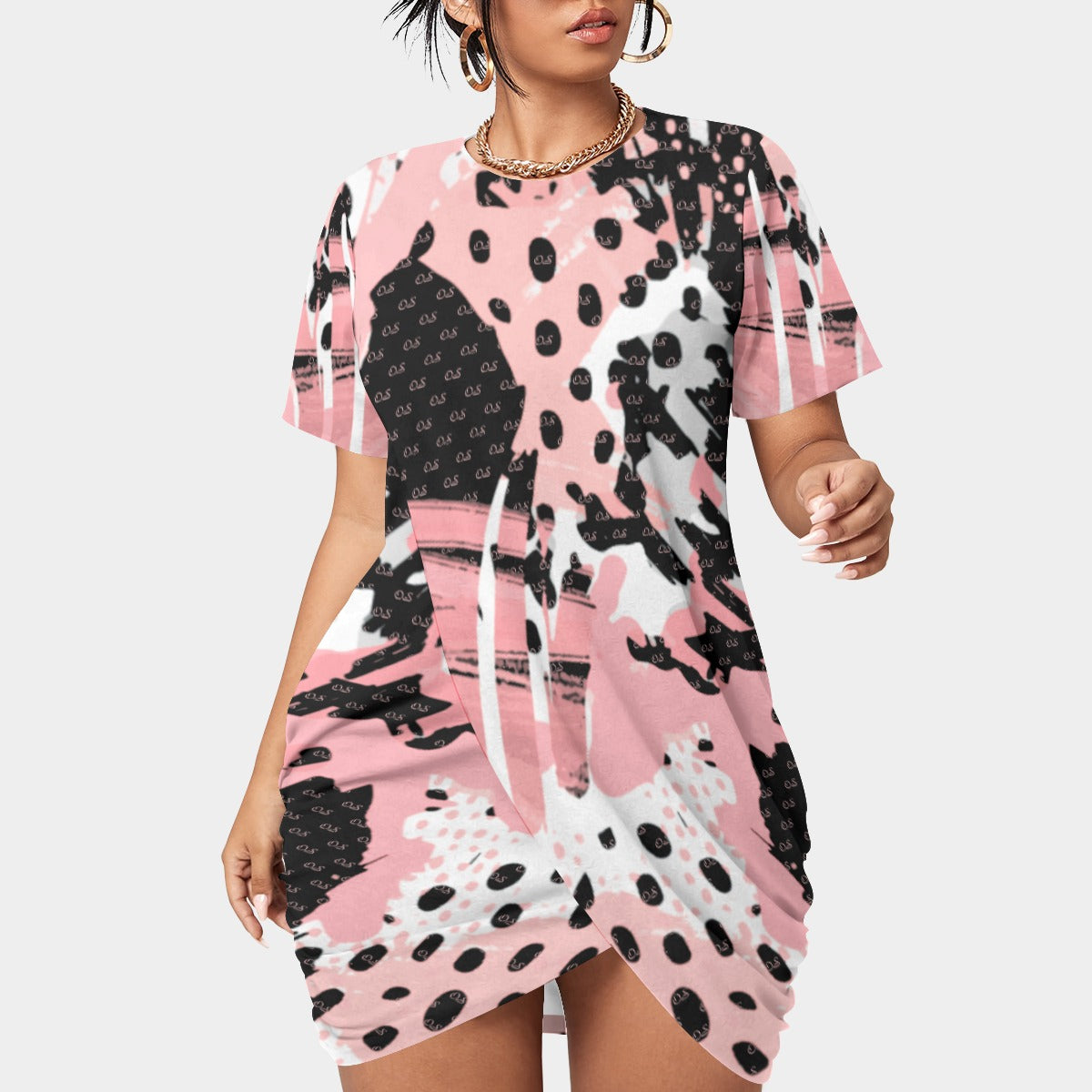 Officially Sexy Animal Abstract Collection Women’s Short Sleeve Plus Size Stacked Hem Dress