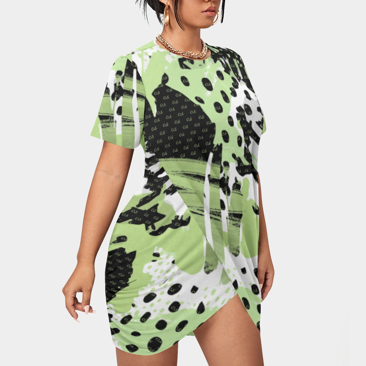 Officially Sexy Animal Abstract Collection Women’s Short Sleeve Plus Size Stacked Hem Dress