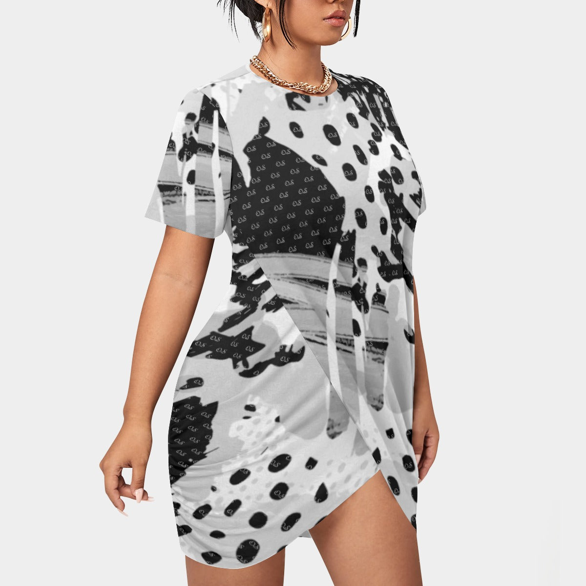 Officially Sexy Animal Abstract Collection Women’s Short Sleeve Plus Size Stacked Hem Dress
