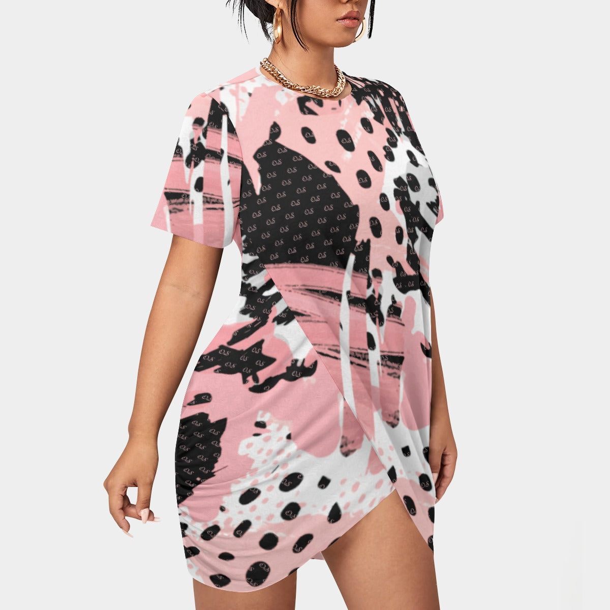 Officially Sexy Animal Abstract Collection Women’s Short Sleeve Plus Size Stacked Hem Dress
