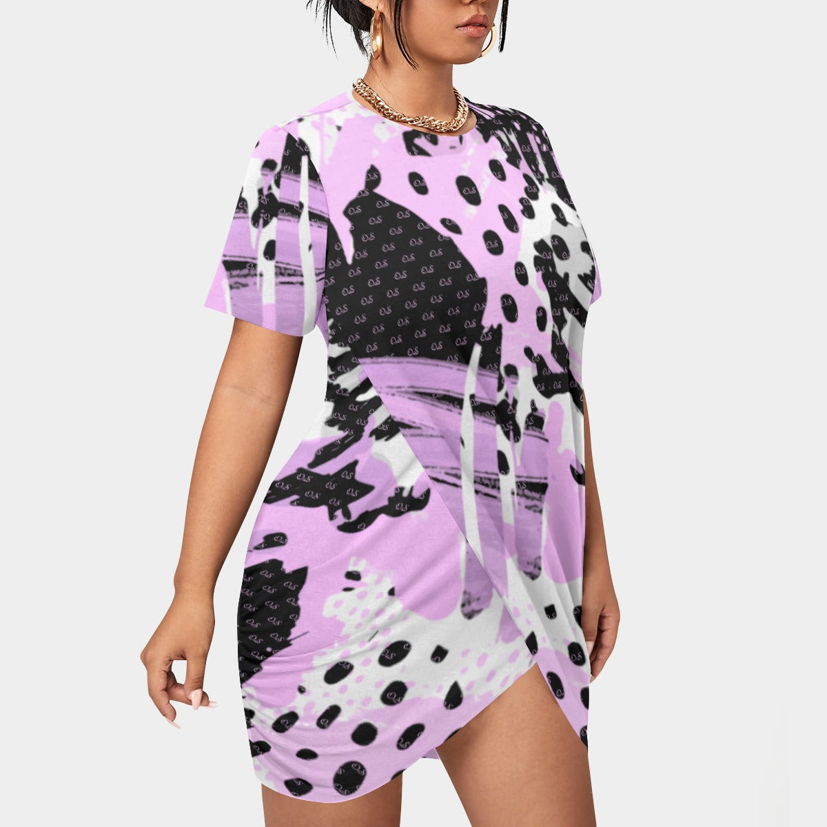 Officially Sexy Animal Abstract Collection Women’s Short Sleeve Plus Size Stacked Hem Dress