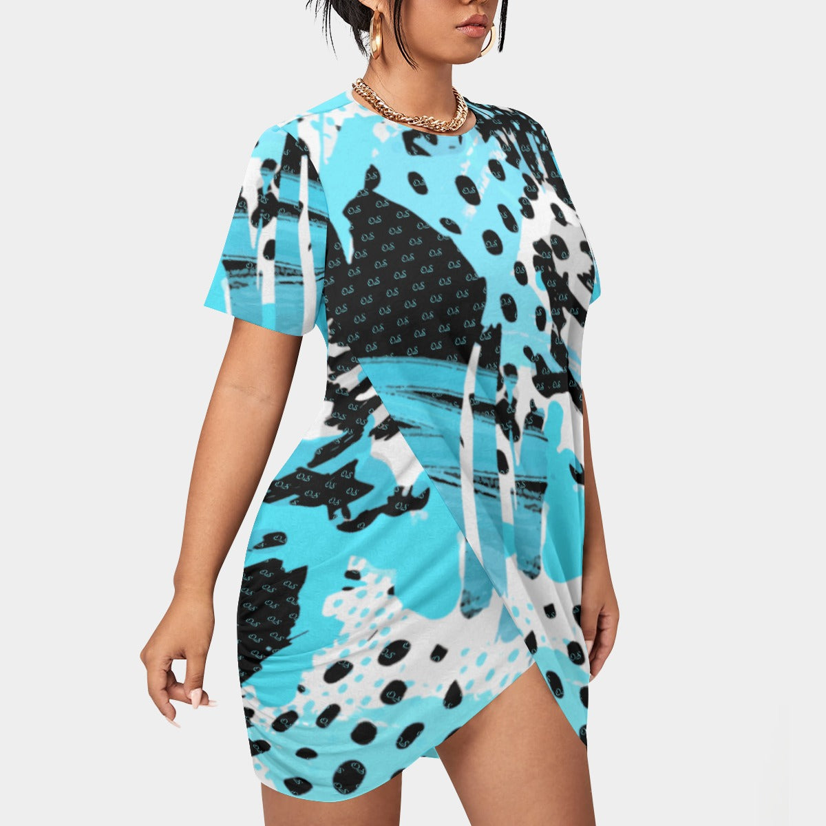 Officially Sexy Animal Abstract Collection Women’s Short Sleeve Plus Size Stacked Hem Dress