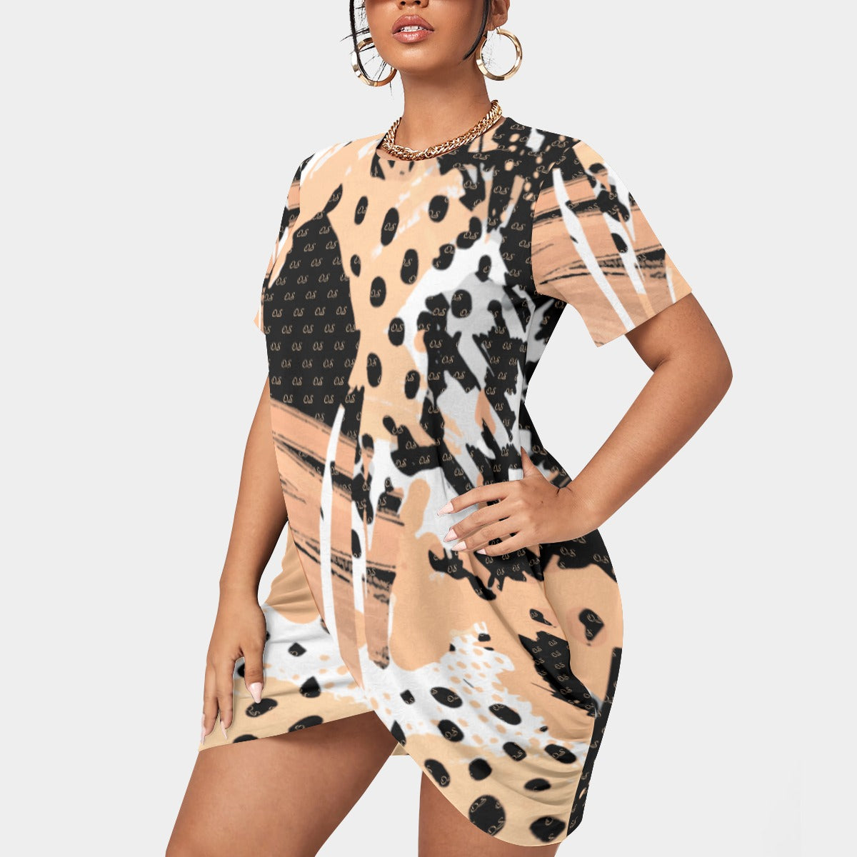 Officially Sexy Animal Abstract Collection Women’s Short Sleeve Plus Size Stacked Hem Dress