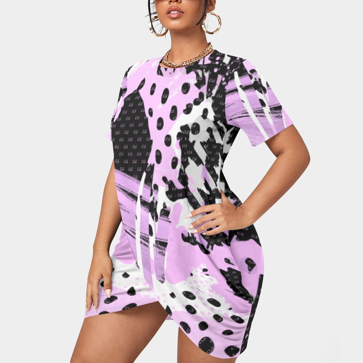 Officially Sexy Animal Abstract Collection Women’s Short Sleeve Plus Size Stacked Hem Dress