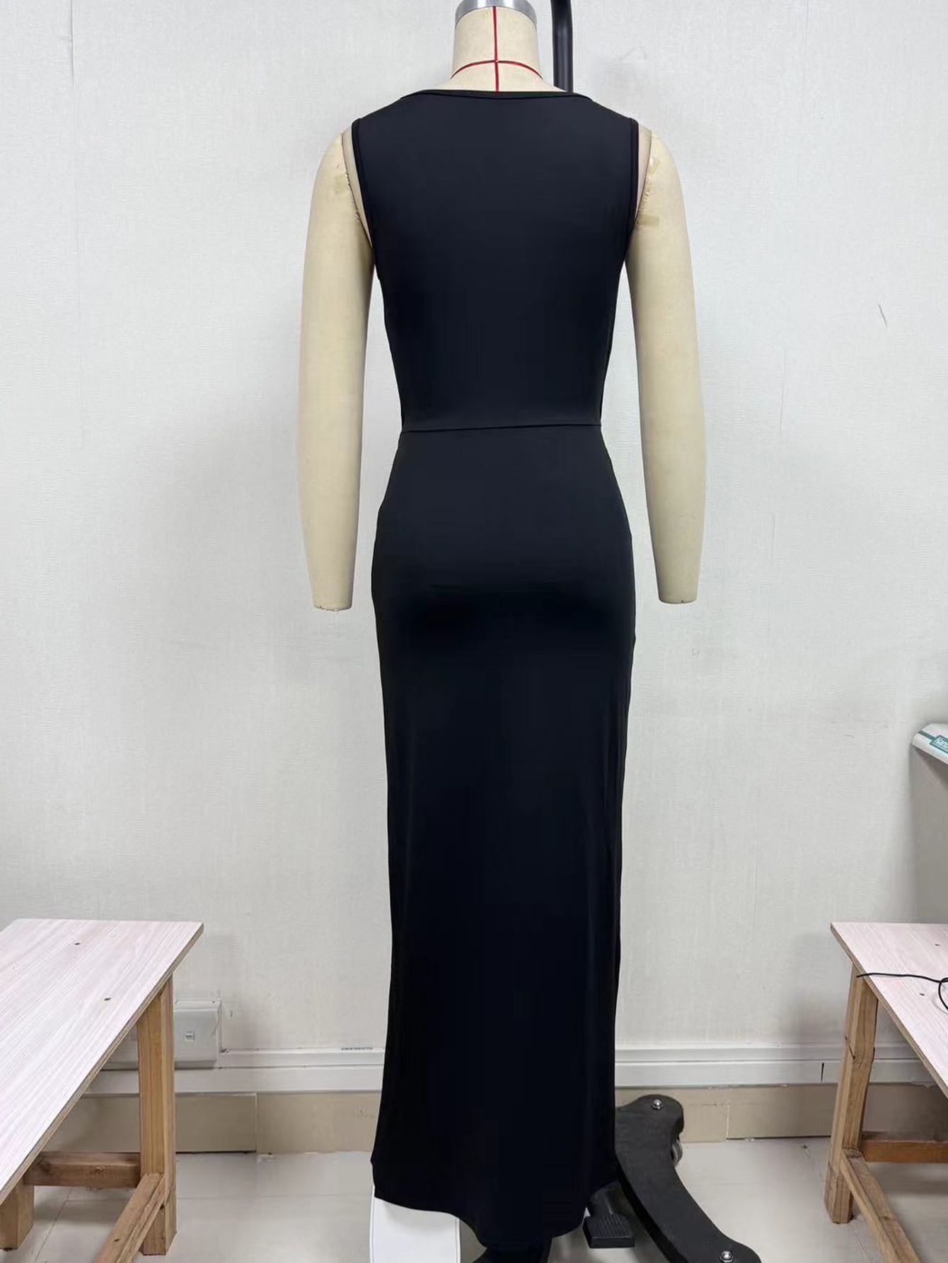 Women's Black Hollow Belly Button Lace Up Dress