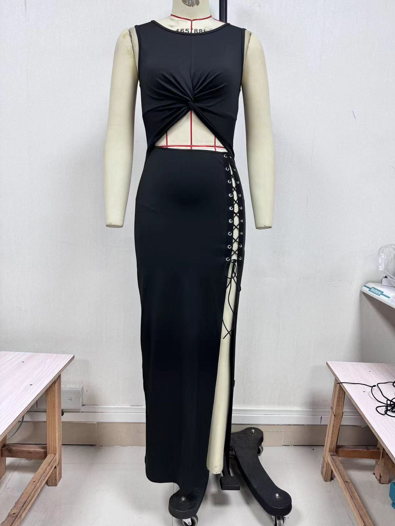Women's Black Hollow Belly Button Lace Up Dress