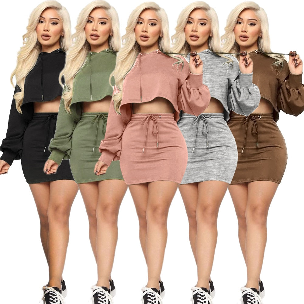 All Colors Main Image Sexy Women's Hooded Sweater Top And Mini Skirt Two Piece Set