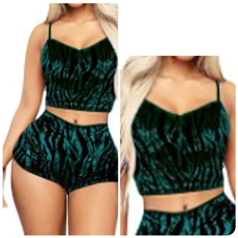 Women's Sexy 2 Piece Velvet Spaghetti Strap Top And Shorts Pajama Sleepwear Set