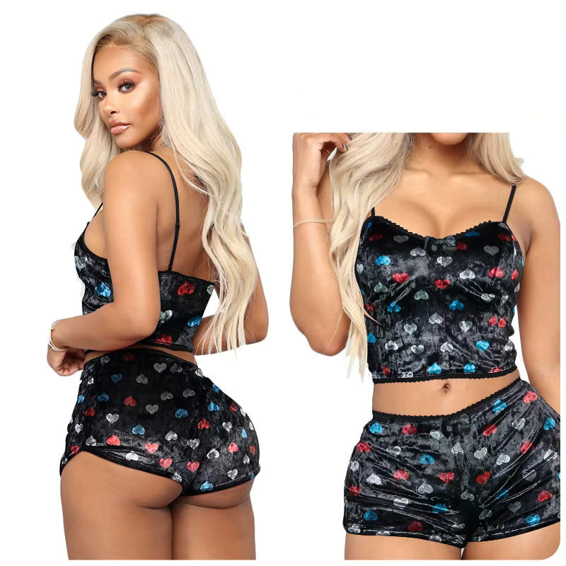 Women's Sexy 2 Piece Velvet Spaghetti Strap Top And Shorts Pajama Sleepwear Set