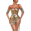Bare Shoulder Glitter Sequined See Through Mesh Spliced Bodycon Party Cocktail Evening Dress