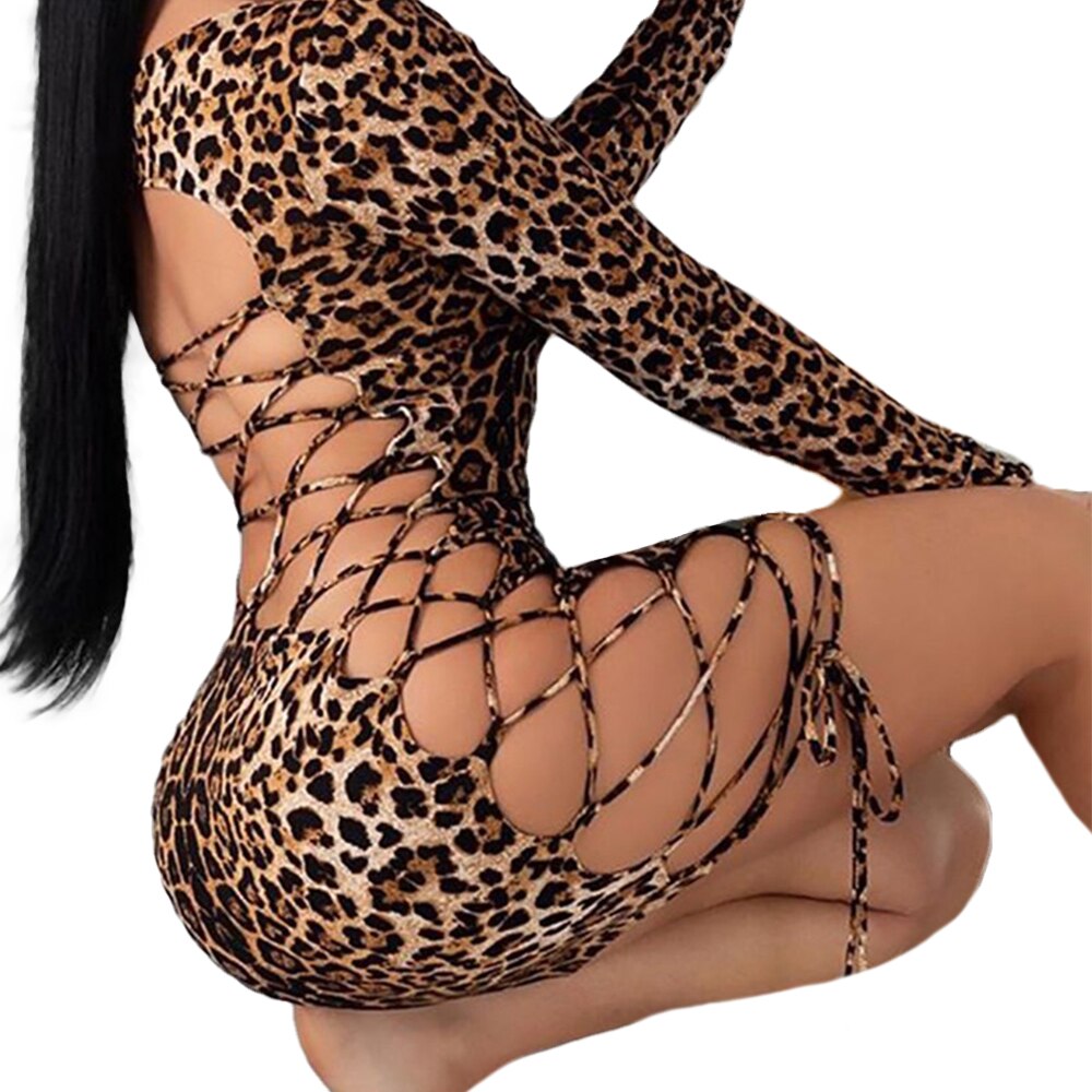 Women's Sexy Long Sleeve Leopard Print Hollow Out Criss Cross Bodycon Mini Dress