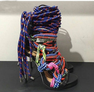 Sexy Knot Rope Ankle Wrap Gladiator Multi Colored High Heel Stiletto Shoe