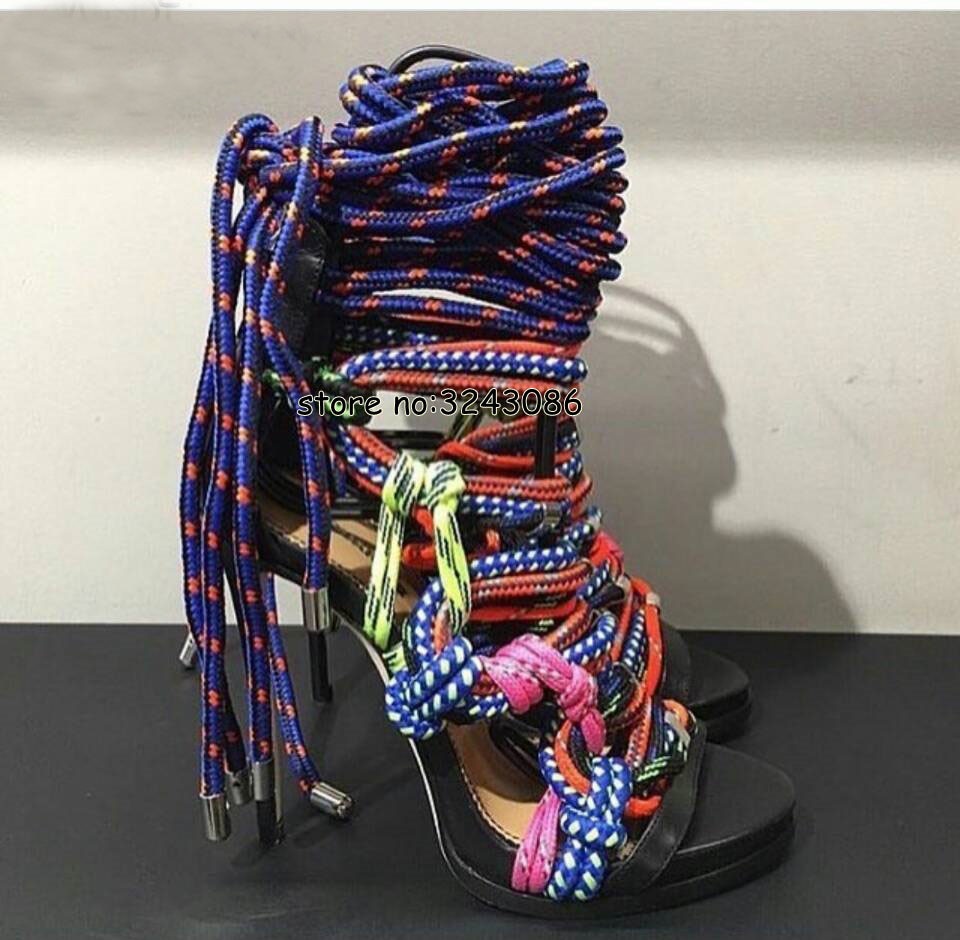 Multi Colored Knot Rope Ankle Wrap Gladiator High Heel Stiletto Sandals