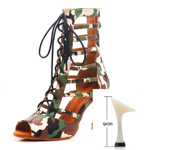 Women's Lace-Up Army Green Camouflage High Heel Shoes