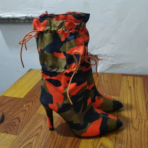 Orange Army Fatigue Camouflage Pointed Toe Mid Calf Sexy High Heel Stiletto Boots