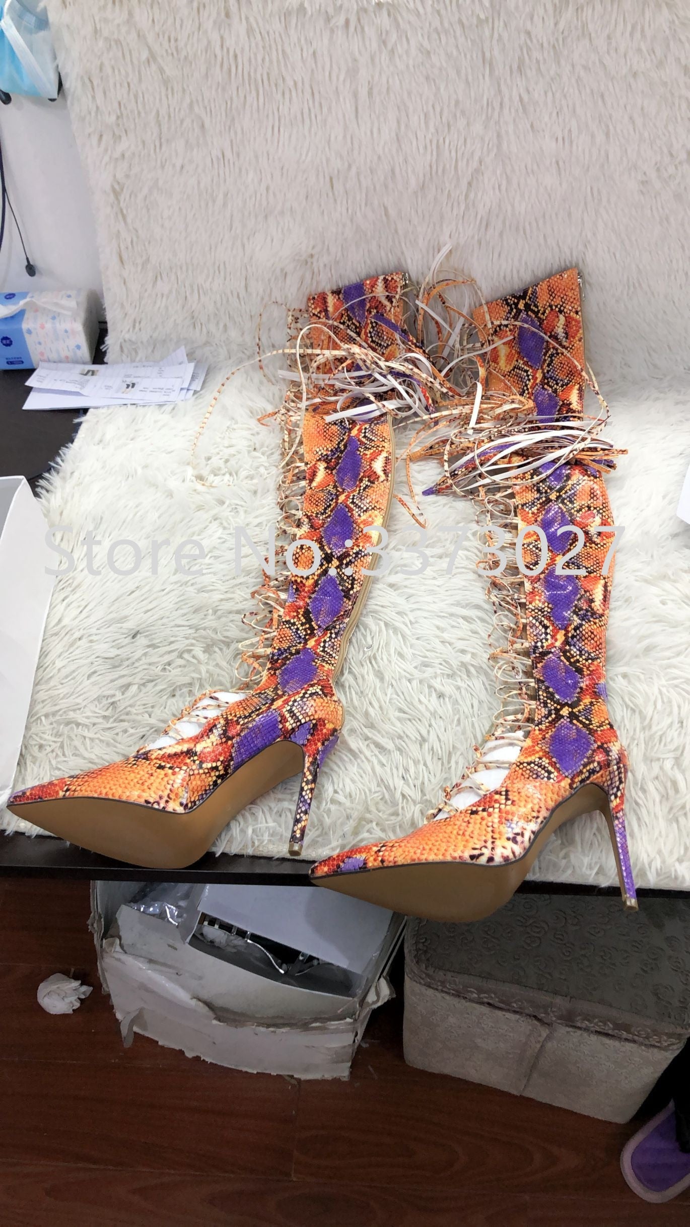 Woman's Sexy Over The Knee Thigh High Pointed Toe Cross-tied Lace Up Colorful Snakeskin Summer Boots
