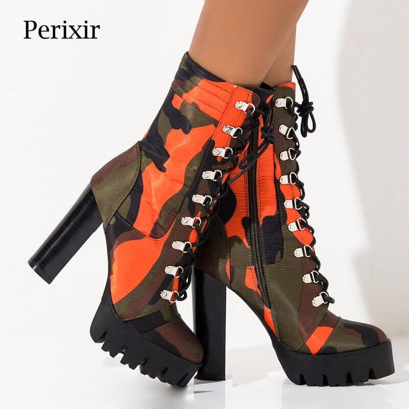Camouflage Print Lace-Up Chunky Heel Women's Platform Boots