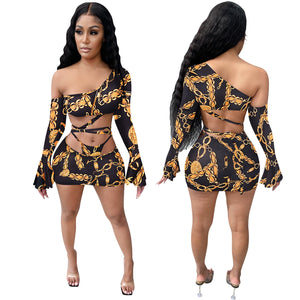 Sexy Cut Out Women's Leopard And Chain Print One Shoulder Top 2 Pieces Set