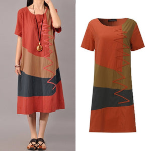 Women's Vintage Color Stitching Plus Size Short Sleeve Maxi Dresses