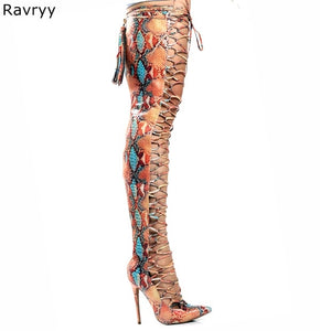 Woman's Sexy Over The Knee Thigh High Pointed Toe Cross-tied Lace Up Colorful Snakeskin Summer Boots