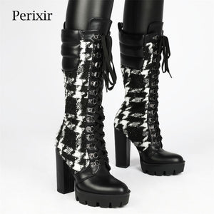 Women's Fashion Camouflage Print Long Boots - Winter Thick Heel Platform Mid-Calf Boots