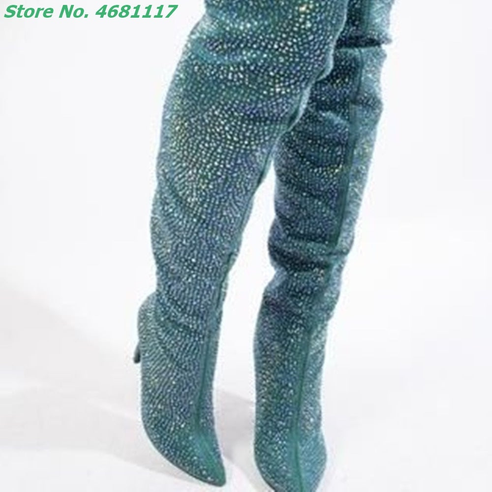 Sexy Women's Over The Knee High Heel Pointed Toe Boots With Solid Crystal Embellishments