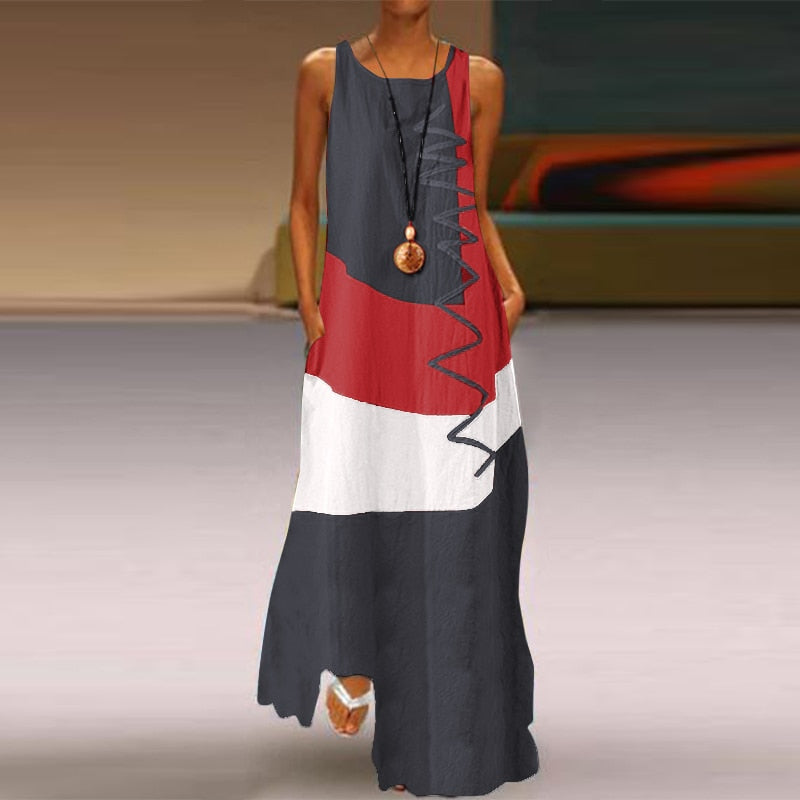 Women's Vintage Color Stitching Plus Size Sleeveless Tank Top Maxi Dresses