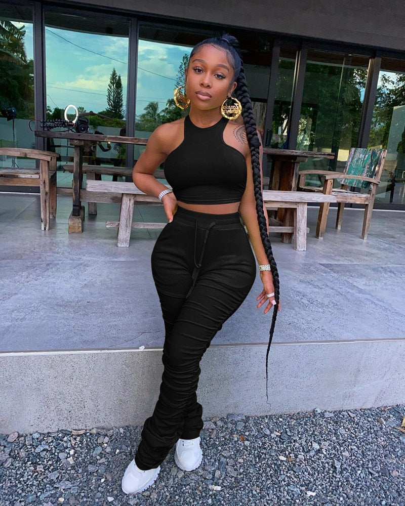Women's Stacked Leggings & Sleeveless Crop Top 2 Two Piece Tracksuit Sets