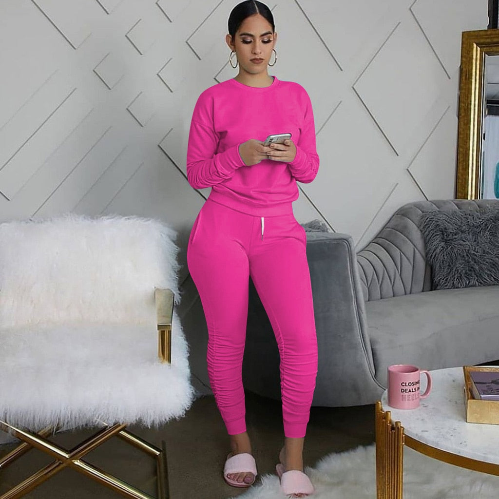 2 Piece Solid Color Long Sleeve T-shirt & Matching Stacked Pant Sets