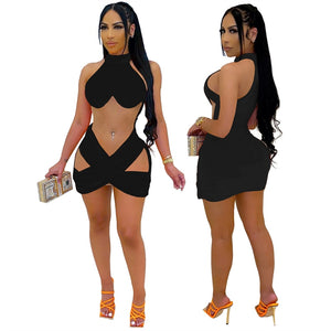 Sexy Sheer Mesh Velvet Halter Sleeveless Cross Bodycon Mini Dress