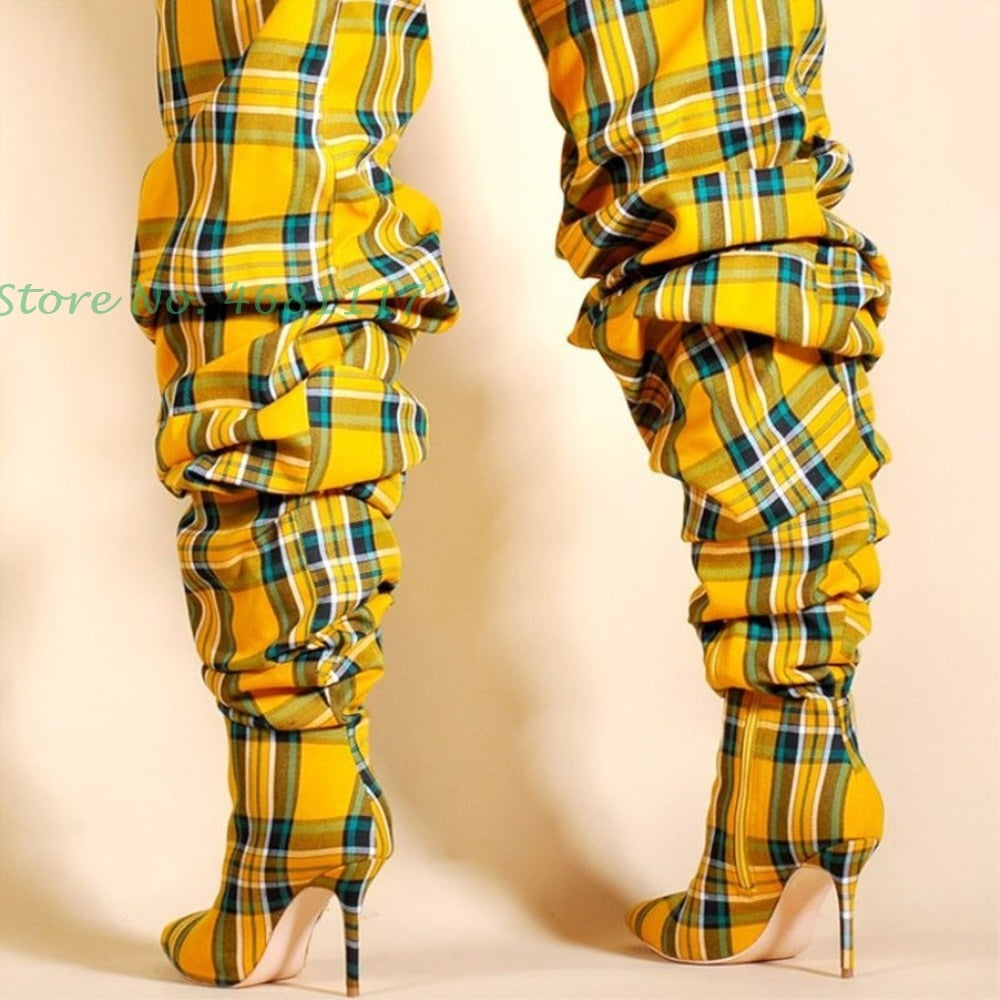 Women's British Style Pleated Checkered Knee High Thin Heel Pointed Toe Long Boots
