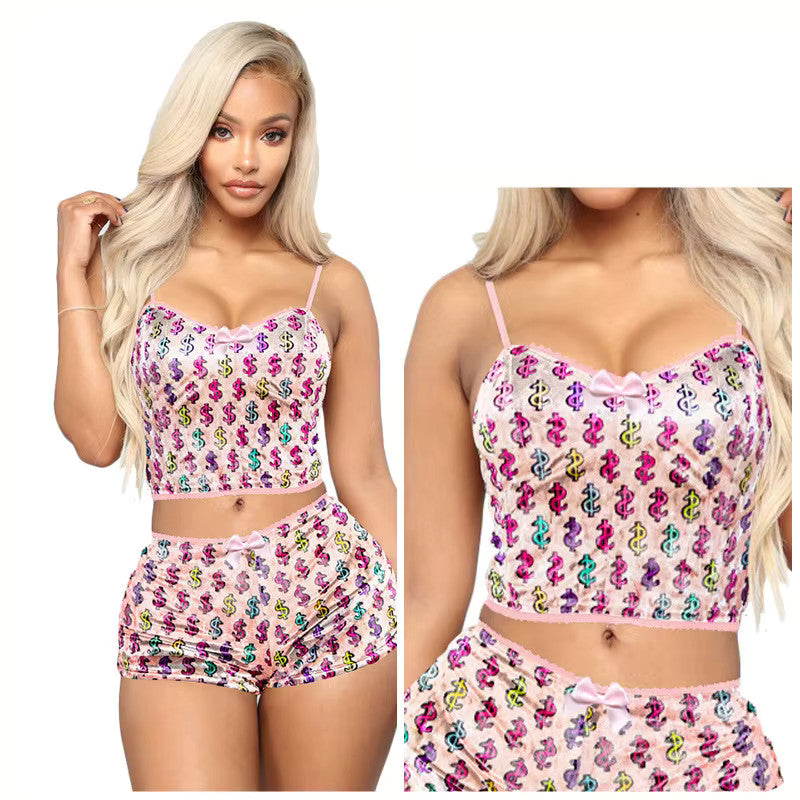 Women's Sexy 2 Piece Velvet Spaghetti Strap Top And Shorts Pajama Sleepwear Set