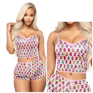 Women's Sexy 2 Piece Velvet Spaghetti Strap Top And Shorts Pajama Sleepwear Set
