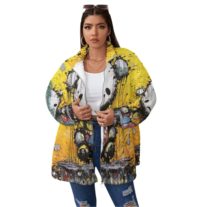 Officially Sexy All-Over Cartoon Print Women's Borg Fleece Stand-up Collar Plus Size Coat