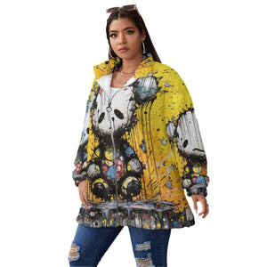 Officially Sexy All-Over Cartoon Print Women's Borg Fleece Stand-up Collar Plus Size Coat