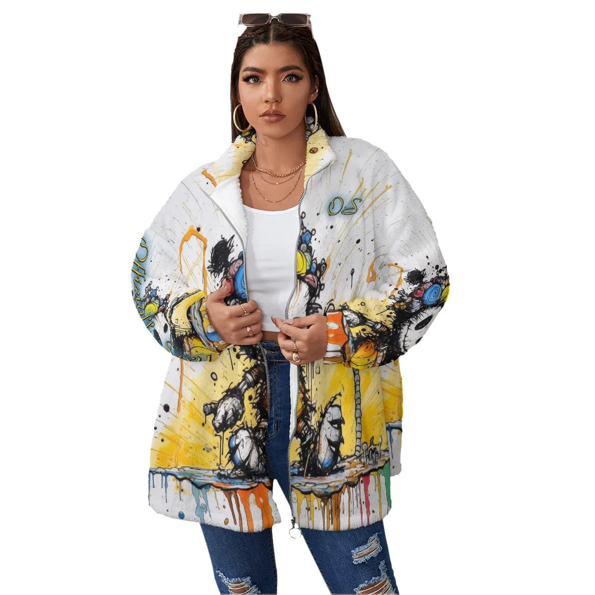 Officially Sexy All-Over Cartoon Print Women's Borg Fleece Stand-up Collar Coat (Plus Size)