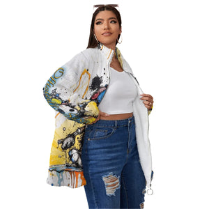 Officially Sexy All-Over Cartoon Print Women's Borg Fleece Stand-up Collar Plus Size Coat Right Sive View