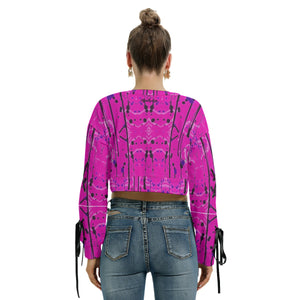 Officially Sexy Creepy Boy Collection Women's Long Sleeve Cropped Bubble Gum Pink Sweatshirt With Lace-up Sleeves Back