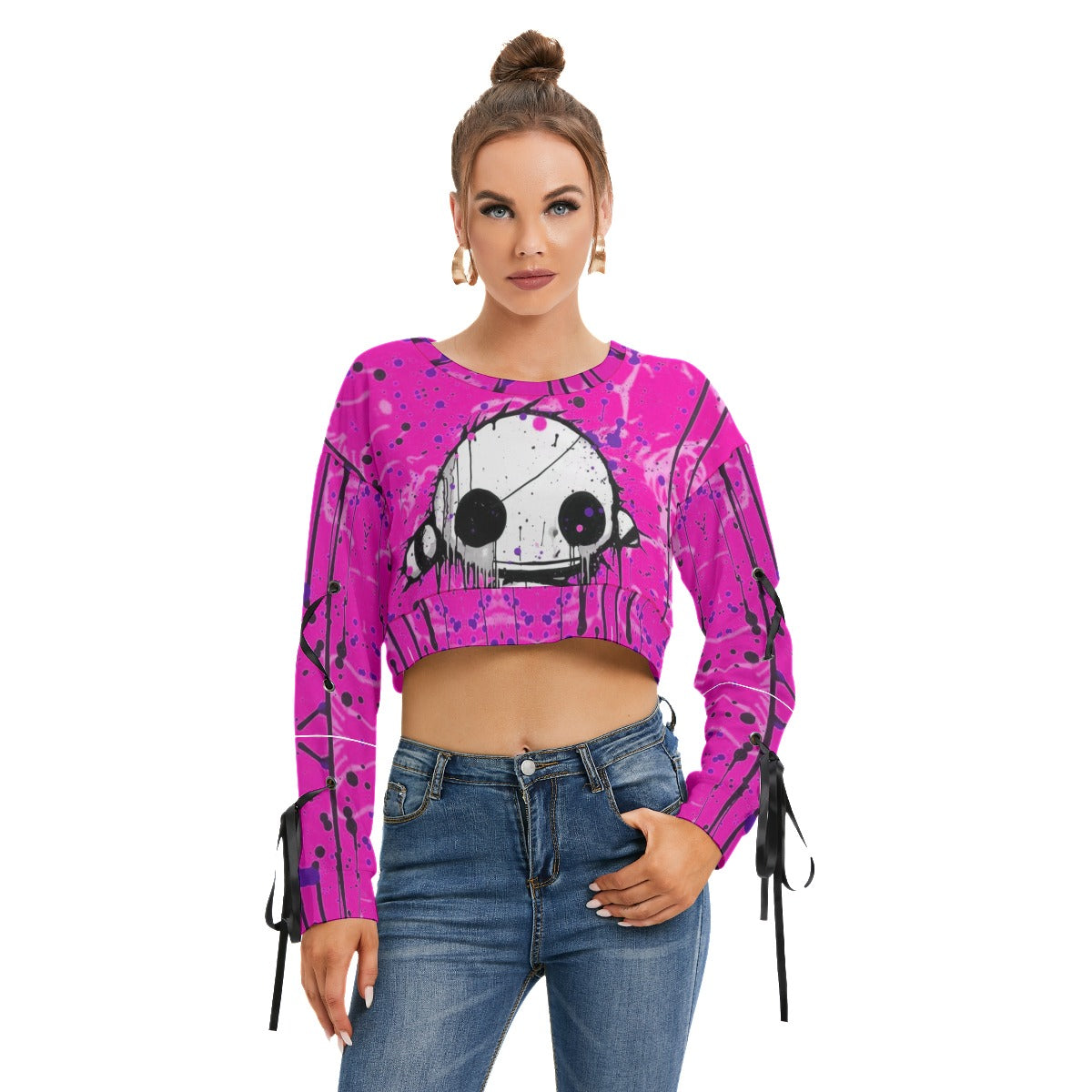 Officially Sexy Creepy Boy Collection Women's Long Sleeve Cropped Bubble Gum Pink Sweatshirt With Lace-up Sleeves Front