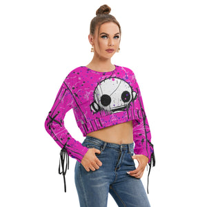 Officially Sexy Creepy Boy Collection Women's Long Sleeve Cropped Bubble Gum Pink Sweatshirt With Lace-up Sleeves Right Side View