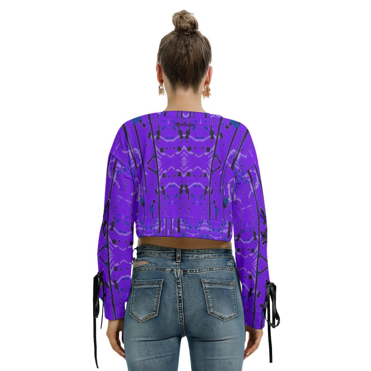 Officially Sexy Creepy Boy Collection Women's Long Sleeve Cropped Dark Purple Sweatshirt With Lace-up SleevesLeft Side View