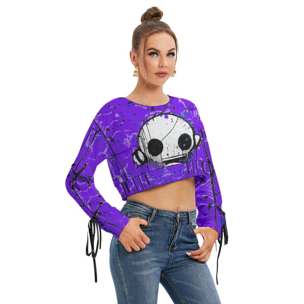 Officially Sexy Creepy Boy Collection Women's Long Sleeve Cropped Dark Purple Sweatshirt With Lace-up Sleeves Right Side View