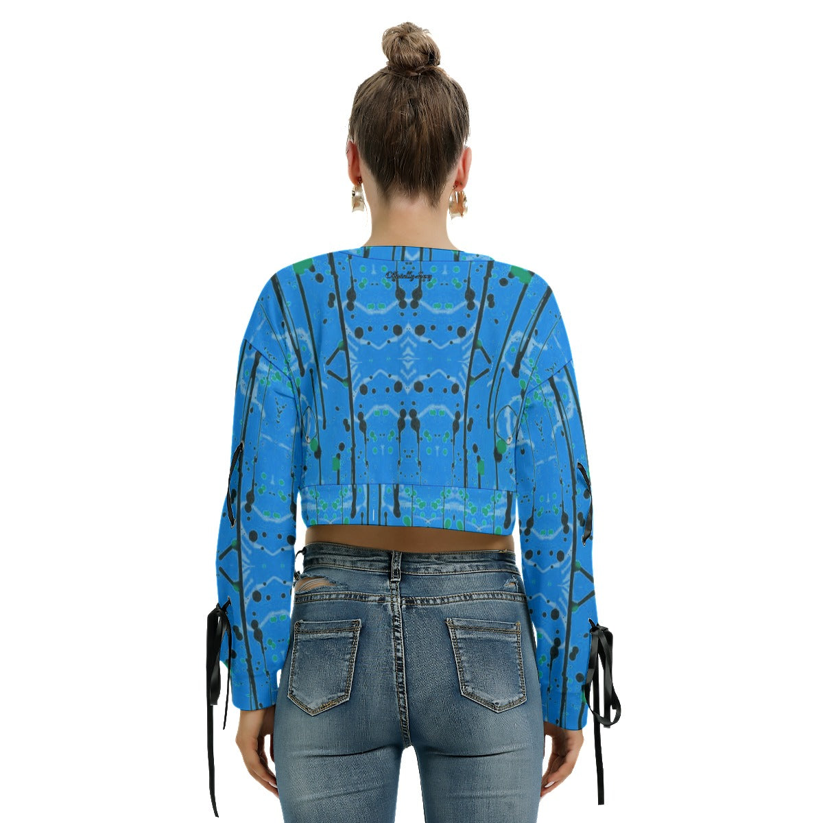Officially Sexy Creepy Boy Collection Women's Long Sleeve Cropped Powder Blue Sweatshirt With Lace-up Sleeves Back
