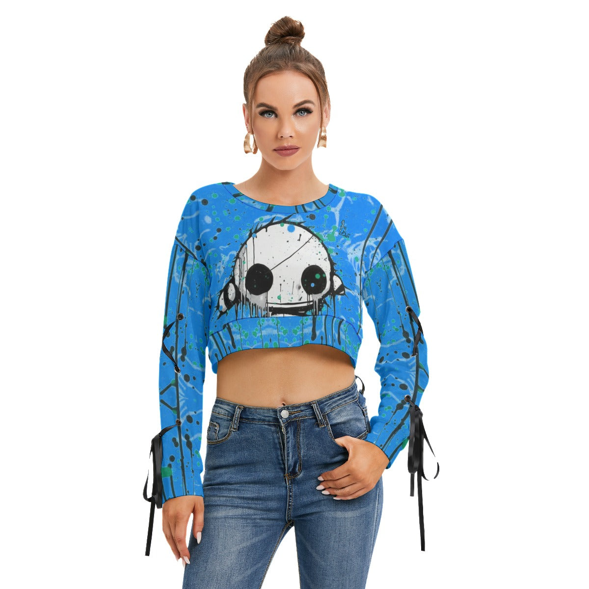 Officially Sexy Creepy Boy Collection Women's Long Sleeve Cropped Powder Blue Sweatshirt With Lace-up Sleeves Front