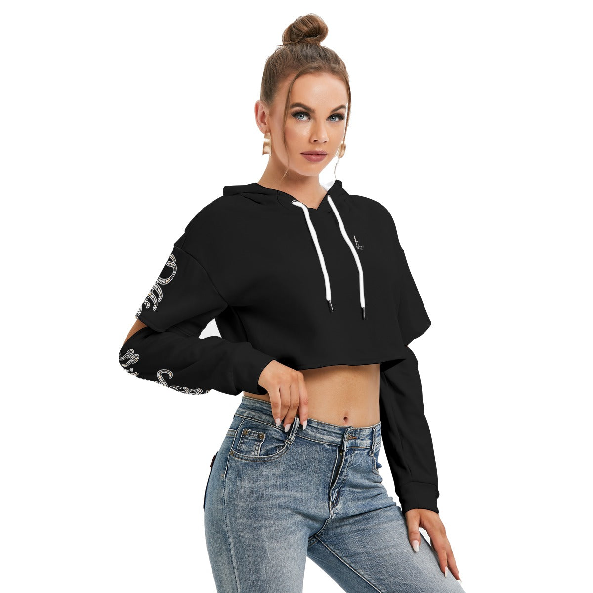 Officially Sexy Halloween Collection Black and Orange Bats Women's Black Heavy Fleece Cropped Hoodie #1 (English) 2
