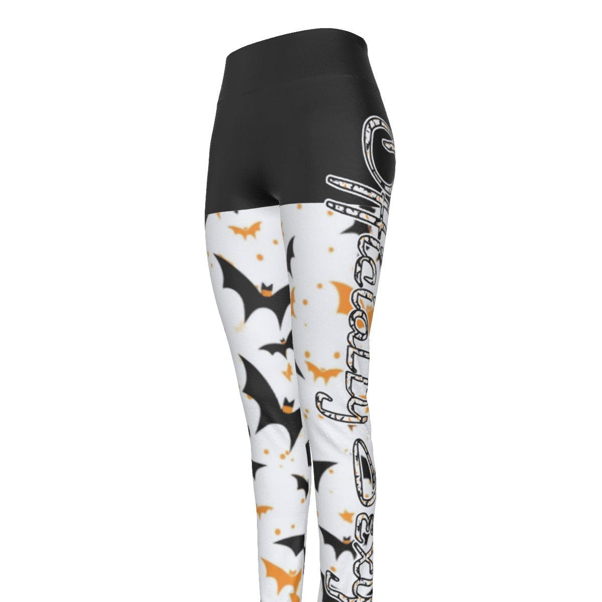 Officially Sexy Halloween Collection Black and Orange Bats Women's Black High Waist Booty Popper Leggings #2 (English) 4