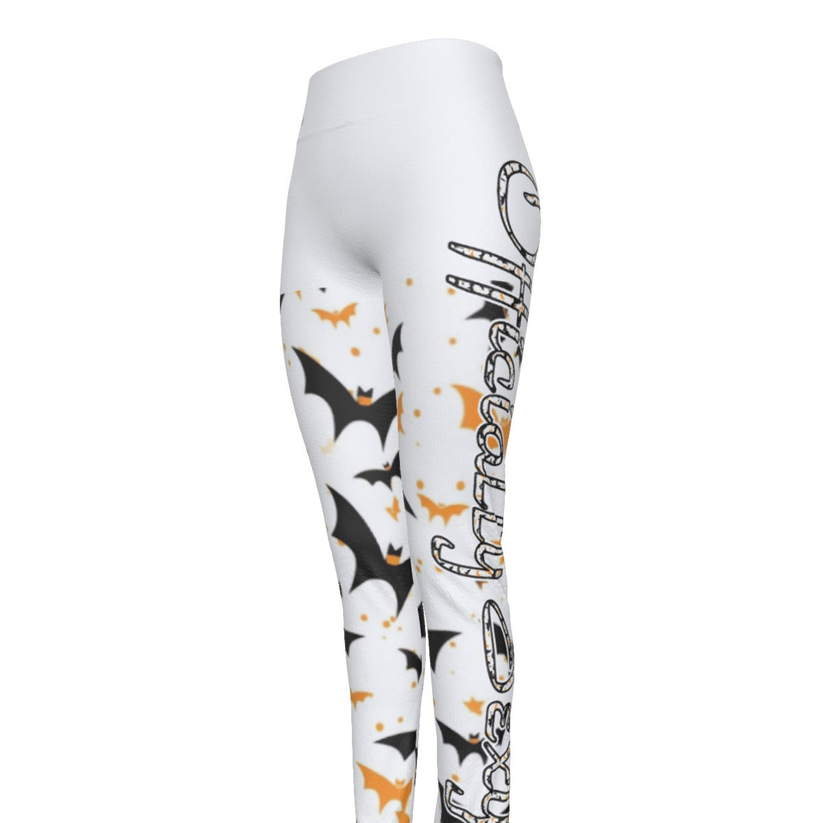 Officially Sexy Halloween Collection Black and Orange Bats Women's White High Waist Booty Popper Leggings #2 (English) 4